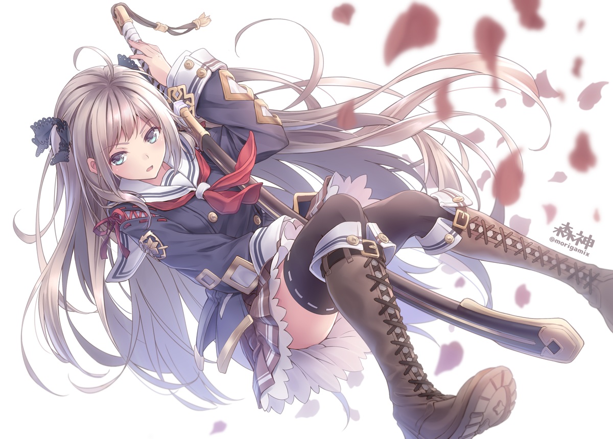 aqua_eyes, blonde_hair, boots, d-style_wed, katana, long_hair, original, petals