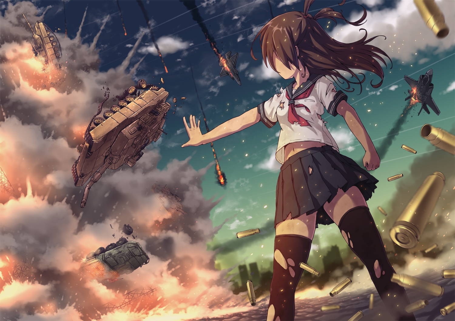 aircraft, aki_(akisora_hiyori), brown_hair, clouds, combat_vehicle, fire, long_hair, original