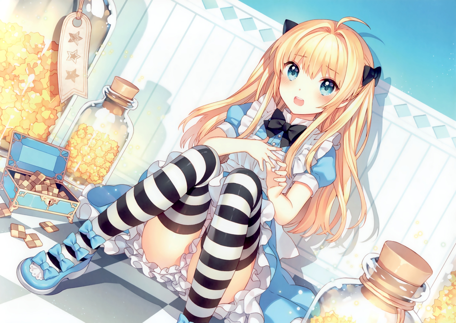 alice_in_wonderland, alice_(wonderland), apron, blonde_hair, blue_eyes, bow, candy, food, lolita_fashion, long_hair, nardack, scan, stockings, thighhighs