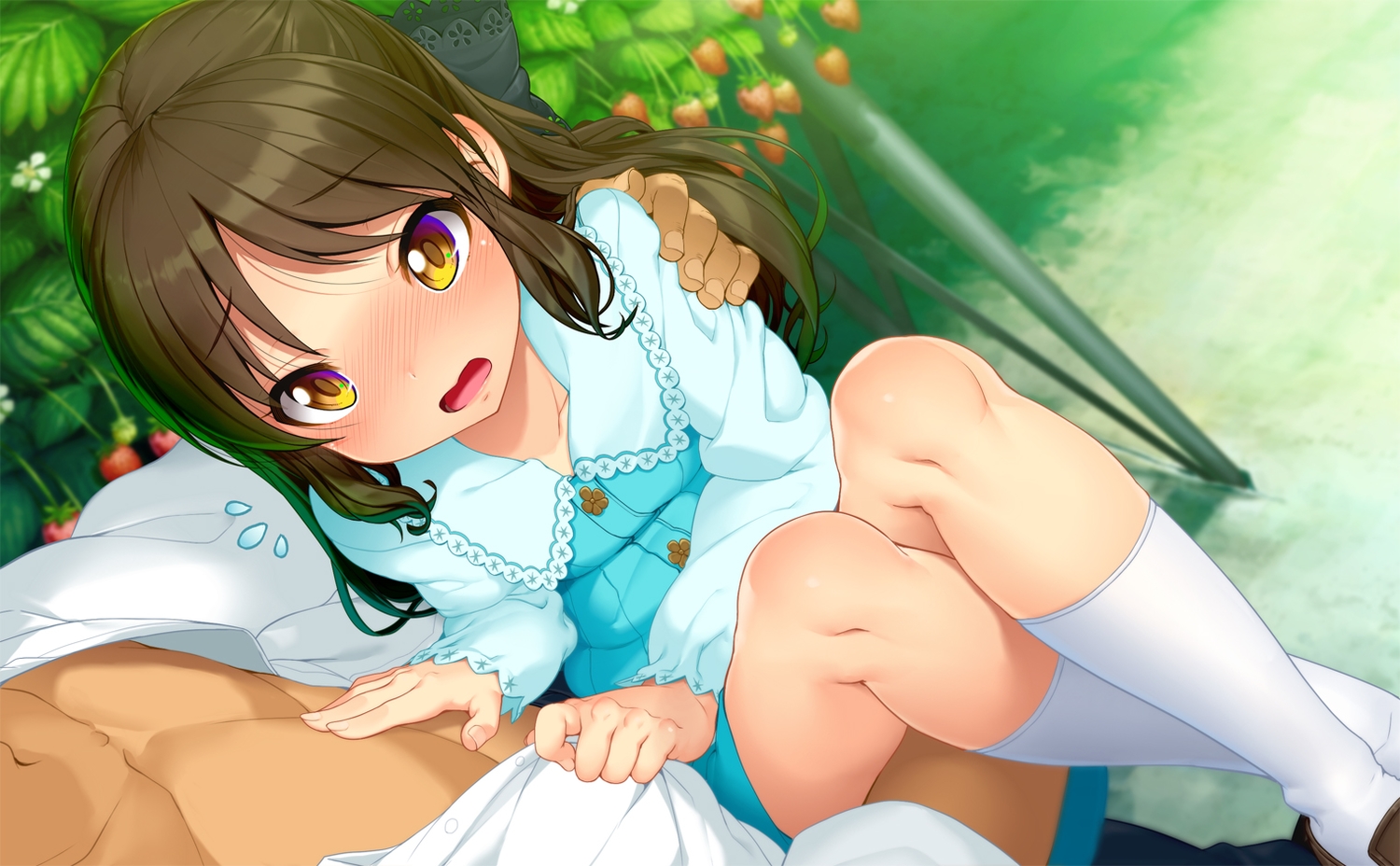 blush, brown_eyes, brown_hair, dress, food, fruit, grass, green, idolmaster, idolmaster_cinderella_girls, kirin_kakeru, kneehighs, loli, long_hair, strawberry, tachibana_arisu, yellow_eyes