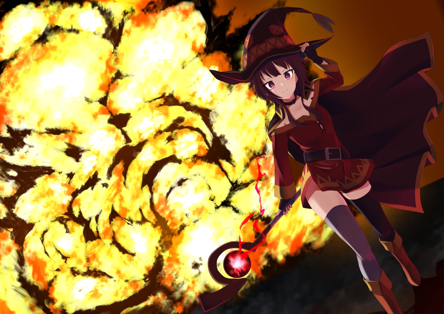 boots, brown_eyes, brown_hair, cape, choker, dress, fire, gloves, kono_subarashii_sekai_ni_shukufuku_wo!, magic, megumin, nishinomiya_suzu, short_hair, staff, thighhighs, weapon, witch, zettai_ryouiki