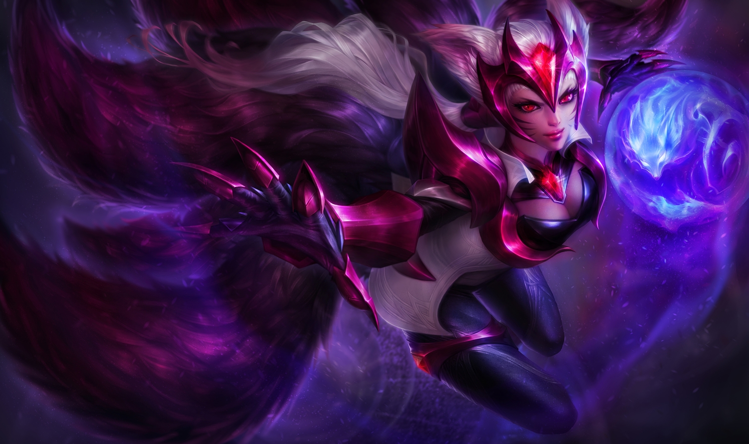ahri_(league_of_legends), animal_ears, bodysuit, foxgirl, league_of_legends, michelle_hoefener, multiple_tails, red_eyes, tail, white_hair