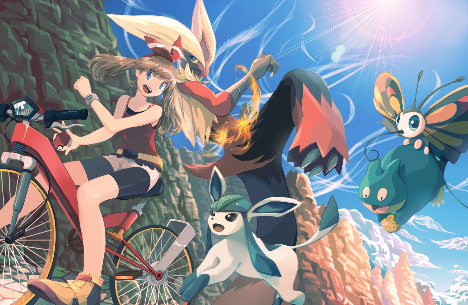 beautifly, bicycle, bike_shorts, blaziken, blue_eyes, brown_hair, glaceon, haruharu_(u-no_oekaki)