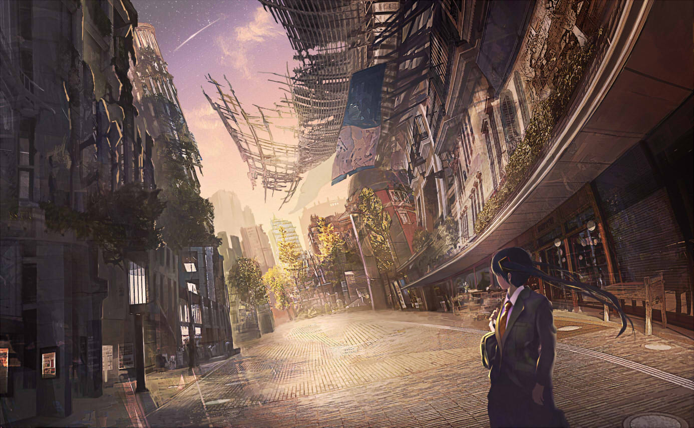 building, city, clouds, haruharu_(u-no_oekaki), hatsune_miku, jpeg_artifacts, ruins, scenic, sky, stars, tie, tree, twintails, vocaloid