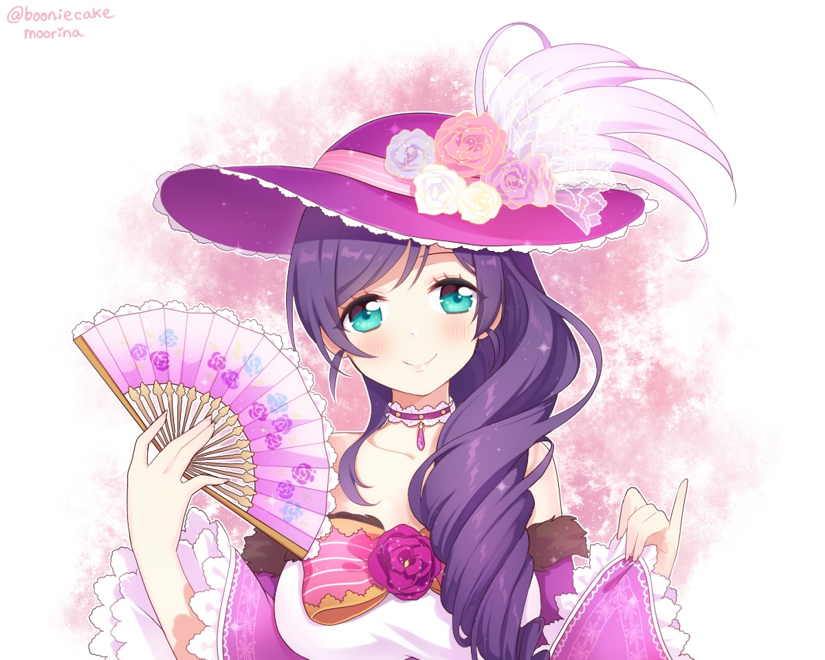 aqua_eyes, blush, bow, choker, fan, flowers, hat, long_hair