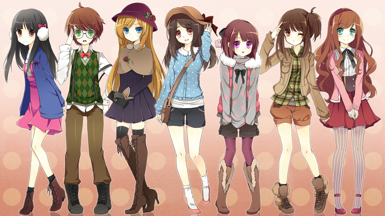 aliasing, aqua_eyes, black_hair, blonde_hair, boots, bow, brown_eyes, brown_hair