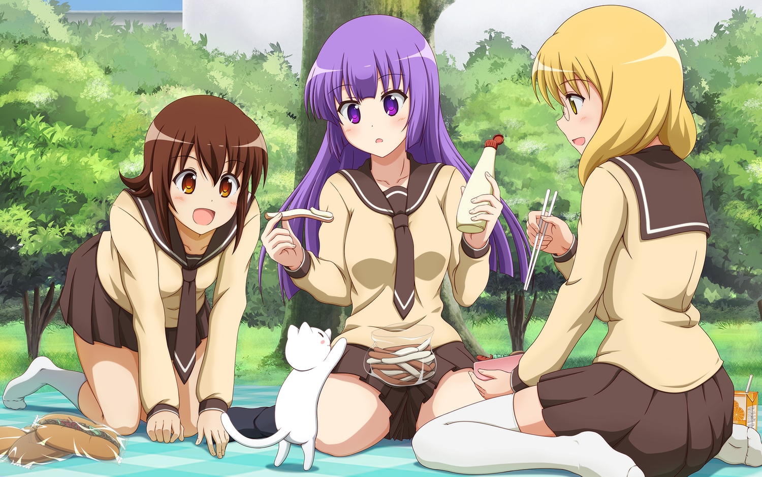 animal, blonde_hair, brown_hair, cat, drink, food, green, hayama_teru, kneehighs, long_hair, nishikawa_youko, odagiri_futaba, orange_eyes, purple_eyes, purple_hair, sansha_sanyou, school_uniform, shira-nyoro, short_hair, thighhighs, yellow_eyes, zettai_ryouiki