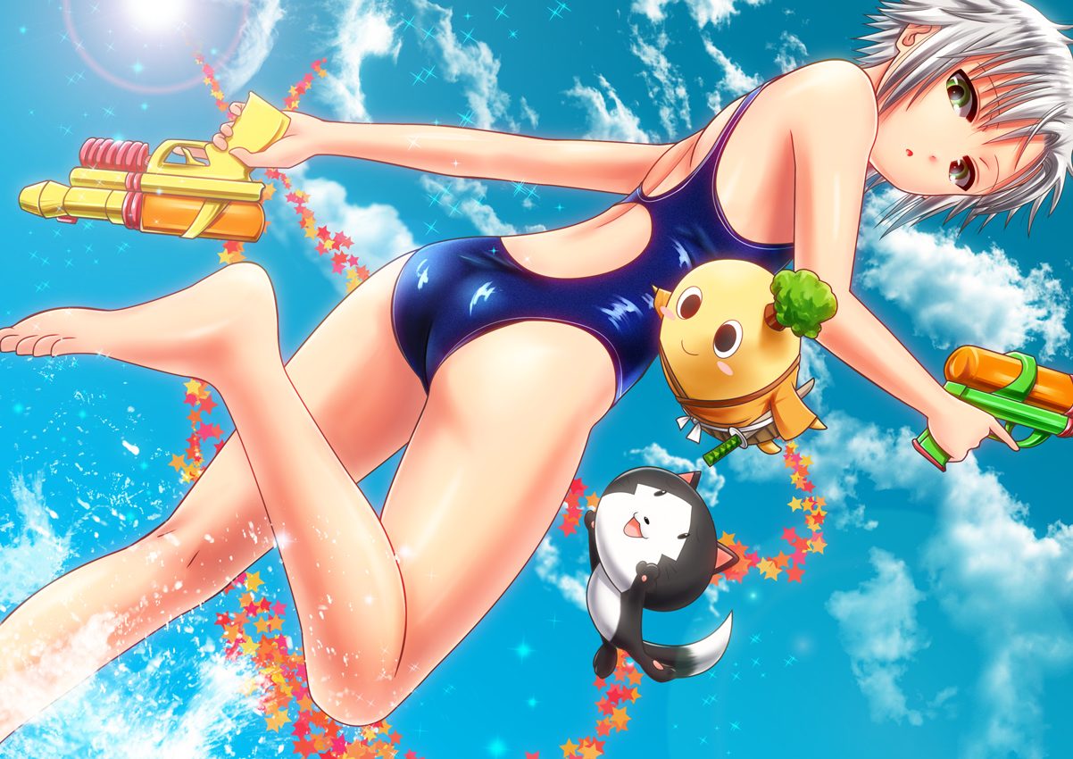animal, ass, cat, clouds, eiyuu_densetsu, fie_claussell, green_eyes, short_hair