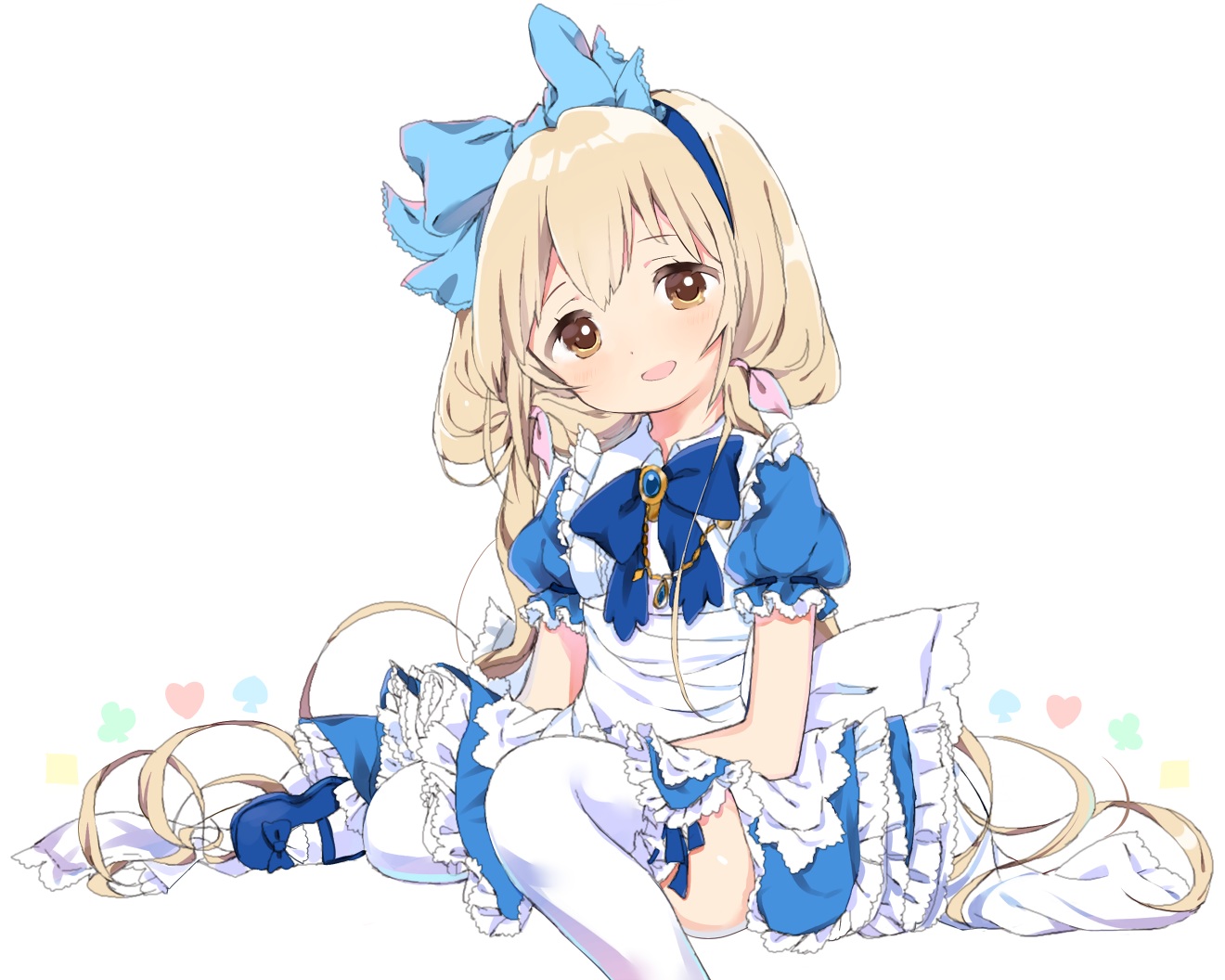 alice_in_wonderland, blonde_hair, bow, brown_eyes, caracorn, cosplay, dress, futaba_anzu, headband, idolmaster, idolmaster_cinderella_girls, loli, lolita_fashion, long_hair, thighhighs
