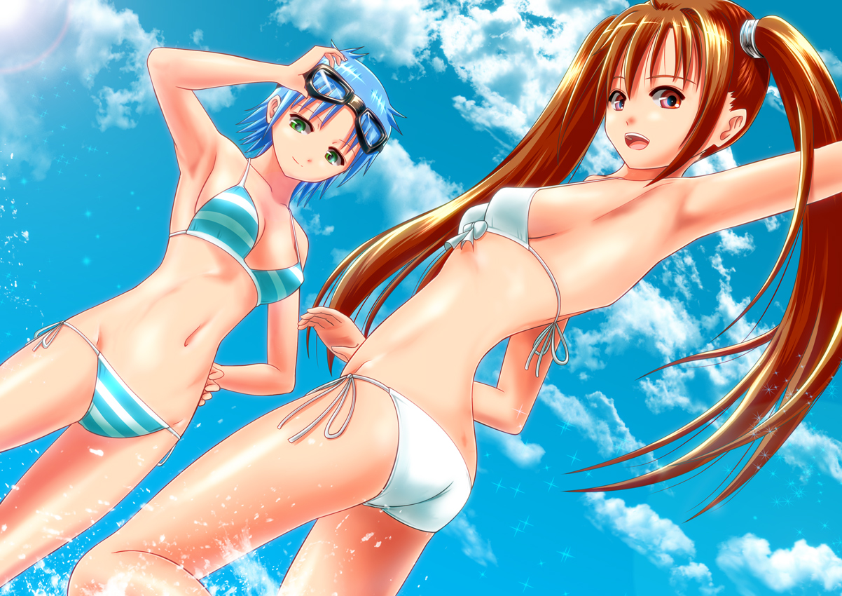 2girls, bikini, blue_hair, brown_eyes, brown_hair, estelle_bright, goggles, green_eyes, josette_capua, short_hair, sky, sora_no_kiseki, swimsuit, twintails, yamaoyaji