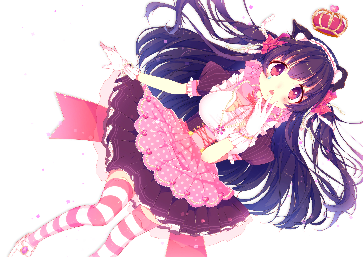 animal_ears, apron, blush, crown, gloves, headdress, long_hair, necklace, original, sakuramocchi, tears, thighhighs