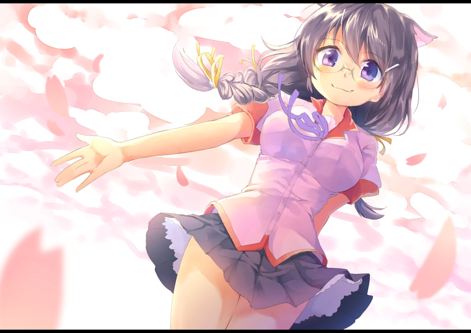 animal_ears, bakemonogatari, catgirl, fang, glasses, hanekawa_tsubasa, monogatari_(series), petals, sakuramocchi, school_uniform