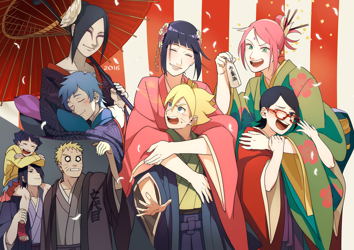 group, haruno_sakura, hug, hyuuga_hinata, japanese_clothes, kimono, male, mitsuki_(naruto)