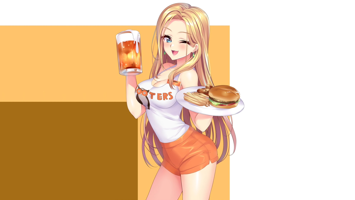 blonde_hair, blue_eyes, blush, breasts, brown, cleavage, drink, food, hooters, long_hair, orange, original, senri_gan, shorts, third-party_edit, white, wink