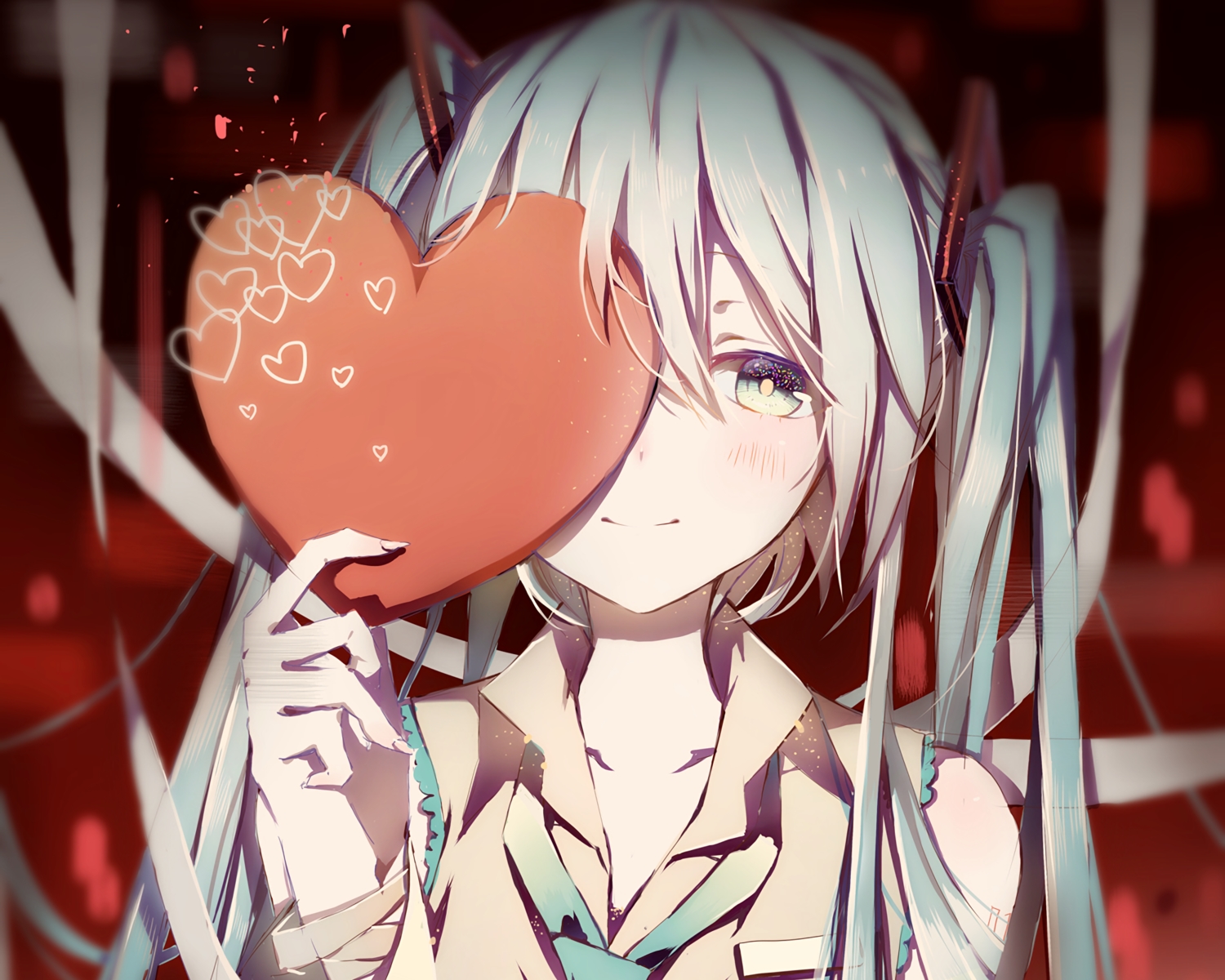 aqua_eyes, aqua_hair, blush, close, cropped, hatsune_miku, heart, long_hair, pudding_(8008208820), tie, twintails, vocaloid, waifu2x