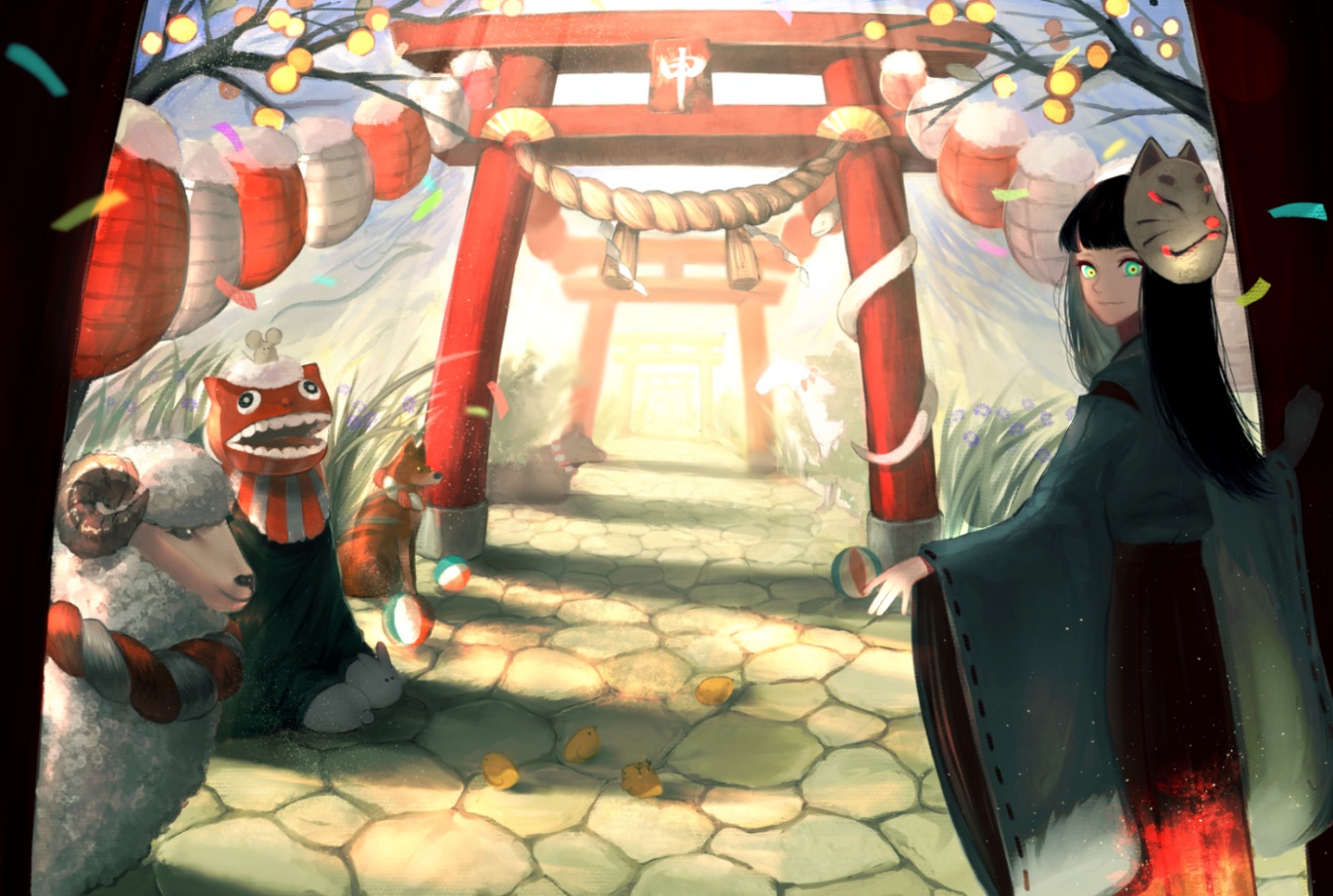 animal, ball, black_hair, hojiro_(piko519), japanese_clothes, long_hair, mask, miko