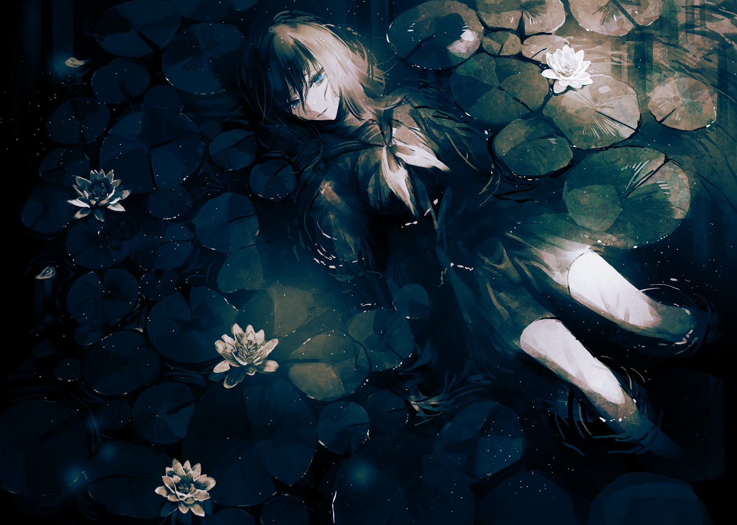 black_hair, blue_eyes, dark, flowers, maria_(maria_rose), original, polychromatic, school_uniform, water, wet