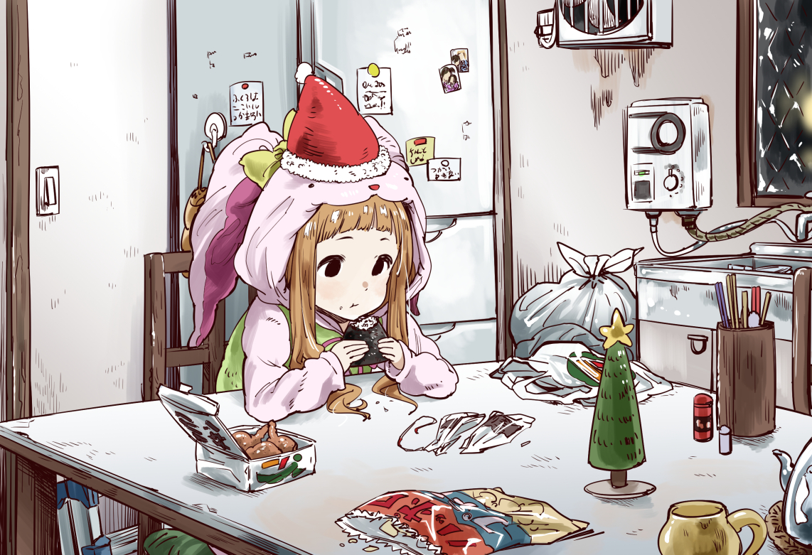 animal_ears, black_eyes, bow, brown_hair, christmas, food, hat, hood