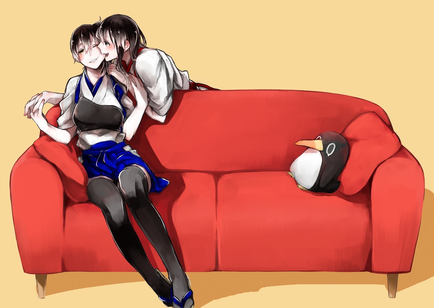 2girls, akagi_(kancolle), animal, anthropomorphism, bird, couch, failure_penguin, kaga_(kancolle)