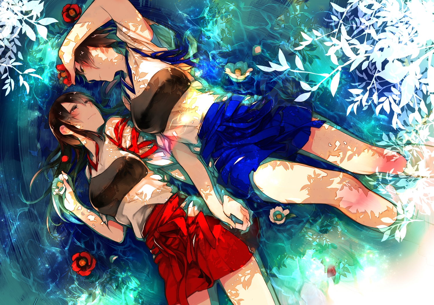 2girls, akagi_(kancolle), anthropomorphism, flowers, japanese_clothes, kaga_(kancolle), kantai_collection, shoujo_ai, shuu-0208, water