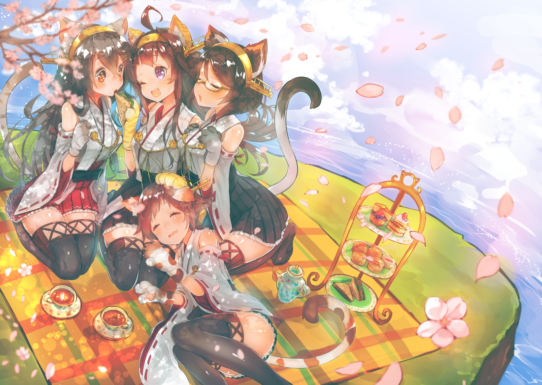 animal_ears, anthropomorphism, catgirl, cherry_blossoms, drink, flowers, food, glasses