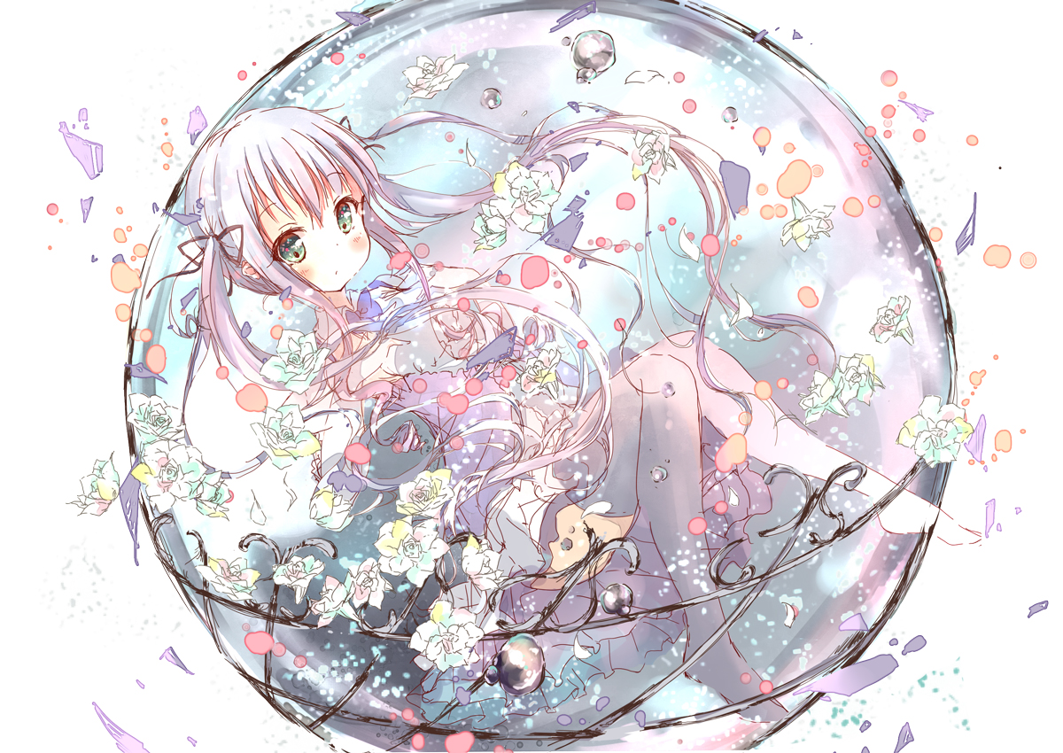 blush, flowers, green_eyes, kuma_(happylocation), long_hair, original, purple_hair, thighhighs