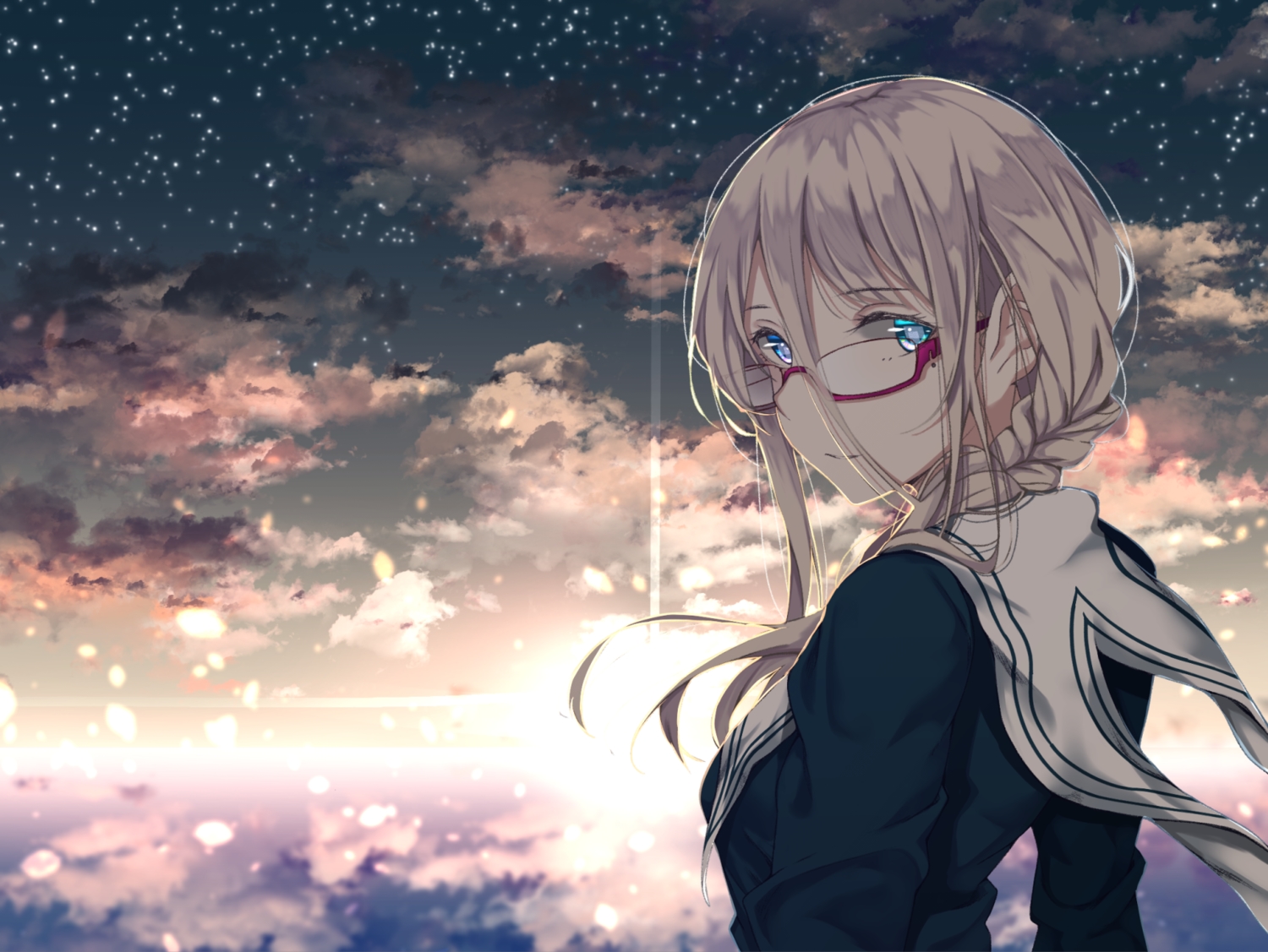 aqua_eyes, braids, clouds, glasses, original, saitou_(lynx-shrike), school_uniform, stars