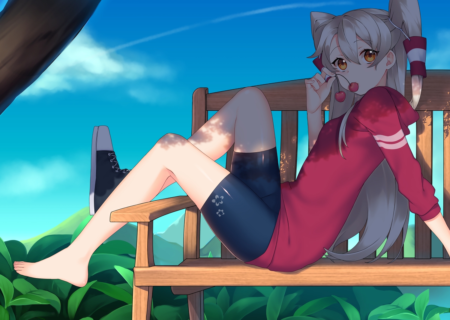 amatsukaze_(kancolle), anthropomorphism, barefoot, bike_shorts, cherry, food, fruit, gray_hair, hood, kantai_collection, leaves, lio_(rumei2265874644), long_hair, orange_eyes, shade, shorts, twintails, waifu2x