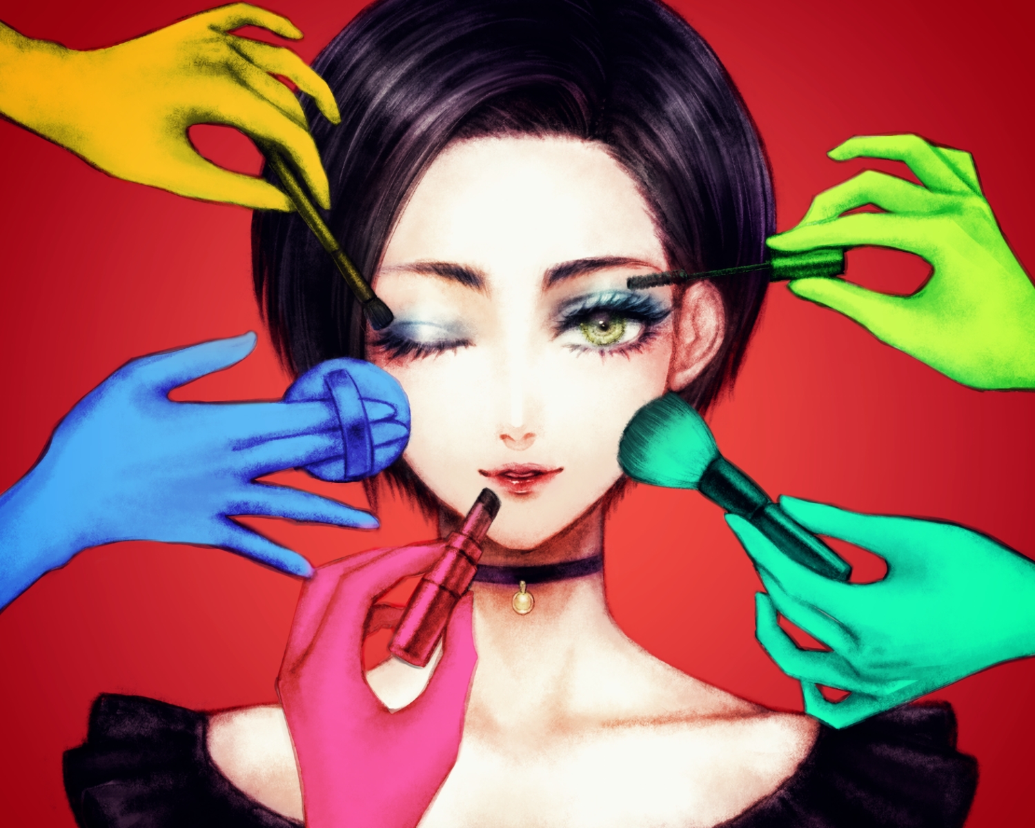 brown_hair, choker, close, cropped, green_eyes, ohagi_(ymnky), original, red