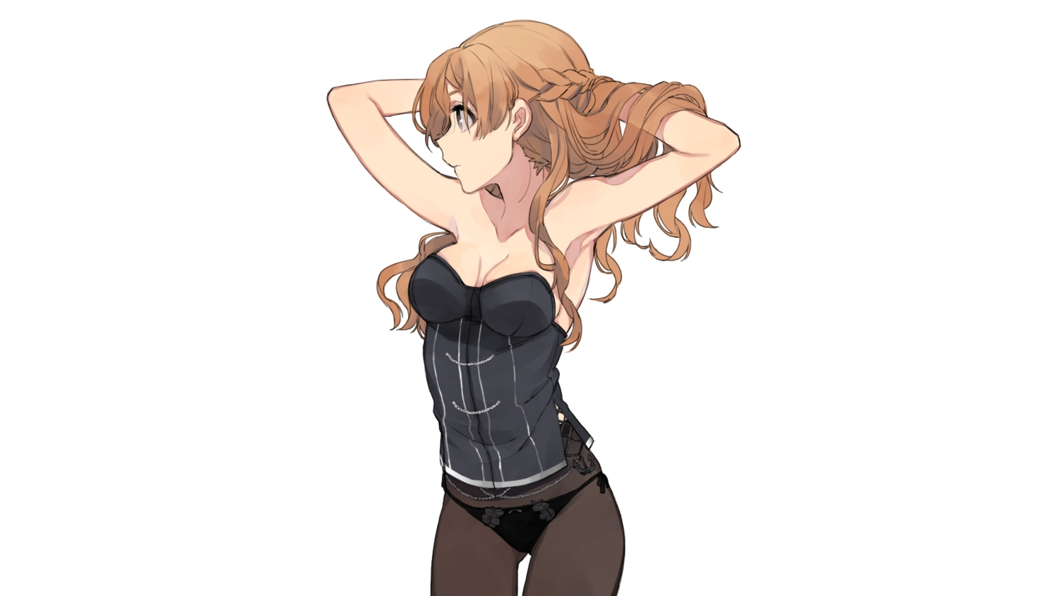 anthropomorphism, breasts, brown_hair, cleavage, corset, hita_(hitapita), kantai_collection, panties, pantyhose, underwear, zara_(kancolle)