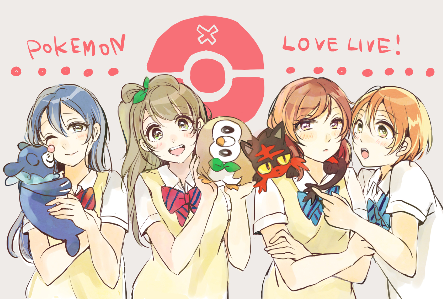 alice-yuki, blush, crossover, group, hoshizora_rin, litten, love_live!_school_idol_project, minami_kotori
