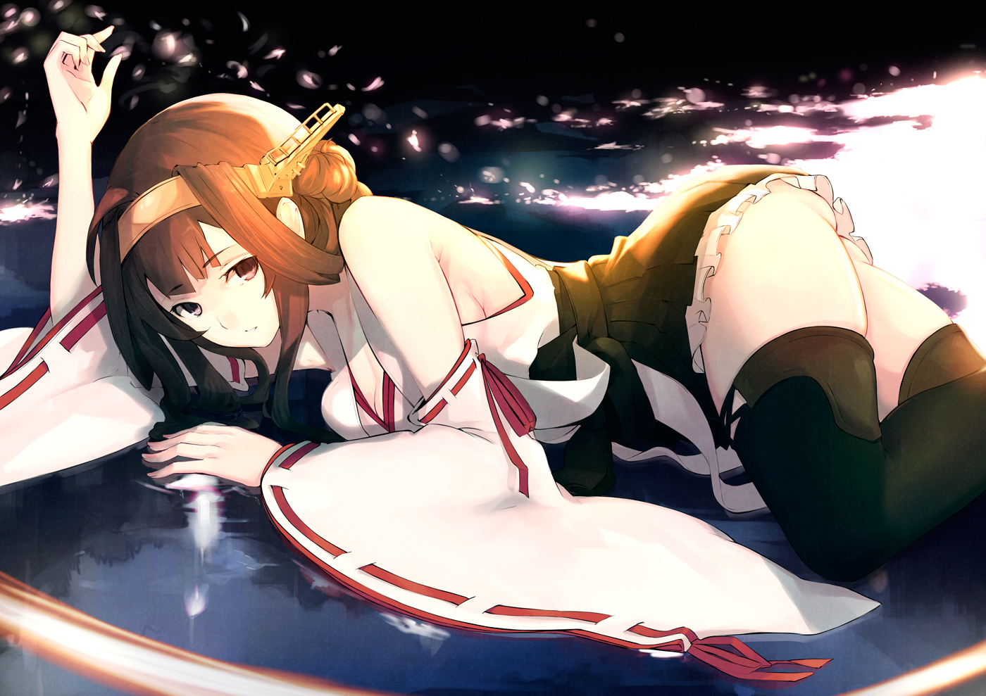 anthropomorphism, ass, breasts, brown_eyes, brown_hair, cleavage, headband, japanese_clothes