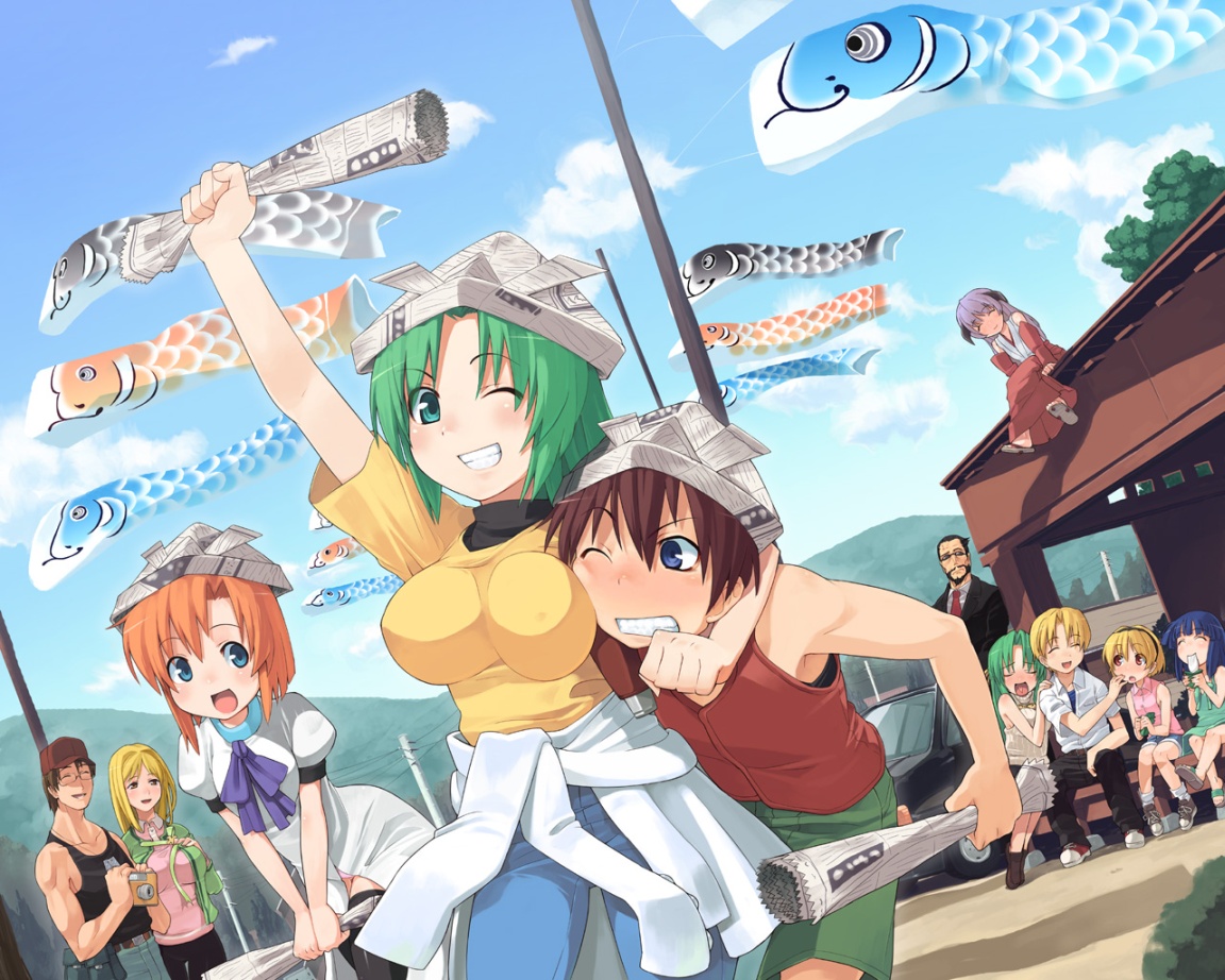 furude_rika, group, hanyuu, higurashi_no_naku_koro_ni, houjou_satoko, houjou_satoshi, maebara_keiichi, ryuuguu_rena, sonozaki_mion, sonozaki_shion, takano_miyo, tatsuyoshi_kasai, tomitake_jiro