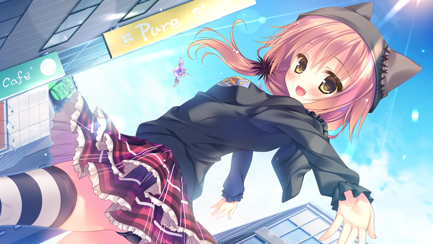 amesara_mana, blush, brown_hair, cabbit, fang, game_cg, hakoniwa_logic, panties, skirt, thighhighs, underwear, waifu2x, yellow_eyes, yukie