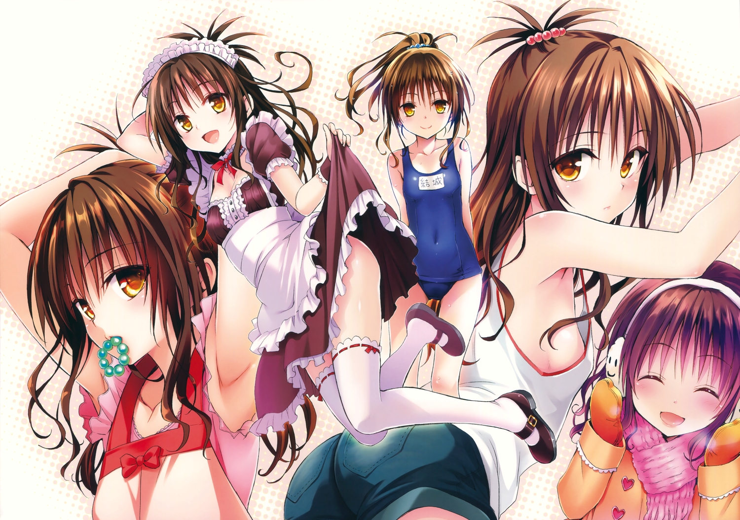 blush, breasts, brown_eyes, brown_hair, choker, dress, earmuffs, gloves, headdress, loli, long_hair, maid, ponytail, scan, scarf, school_swimsuit, short_hair, sideboob, swimsuit, thighhighs, to_love_ru, yabuki_kentarou, yuuki_mikan