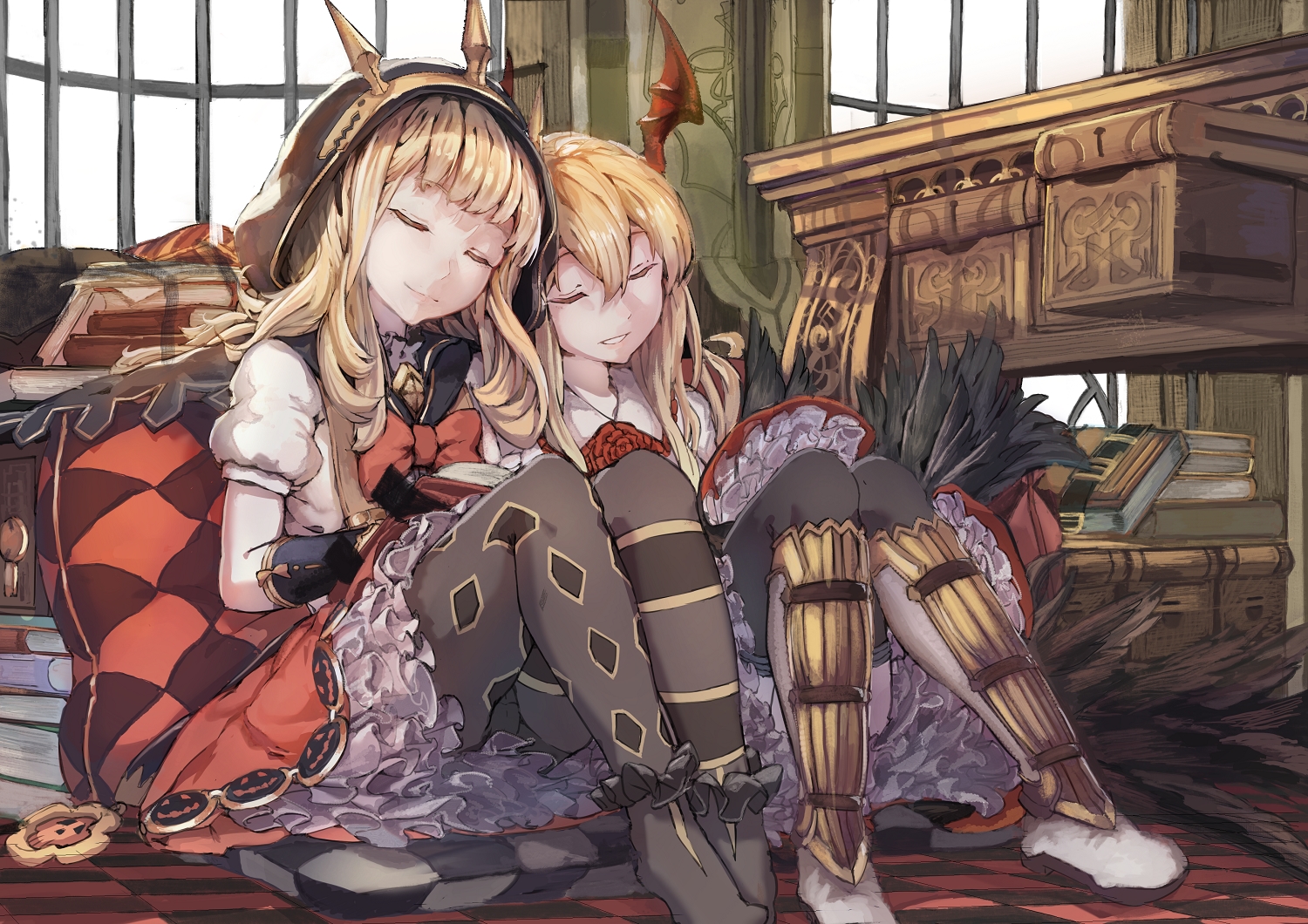 2girls, akieda, blonde_hair, book, cagliostro_(granblue_fantasy), dress, granblue_fantasy, pantyhose
