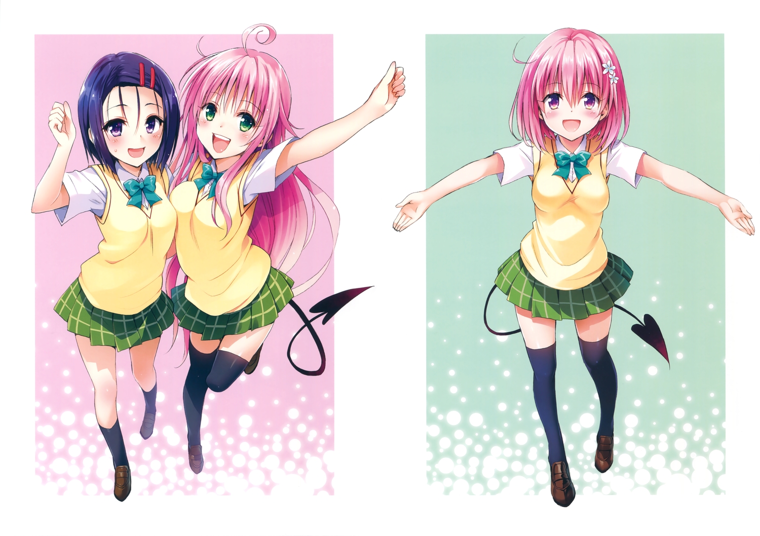 blue_hair, green_eyes, kneehighs, lala_satalin_deviluke, momo_velia_deviluke, pink_eyes, pink_hair, purple_eyes