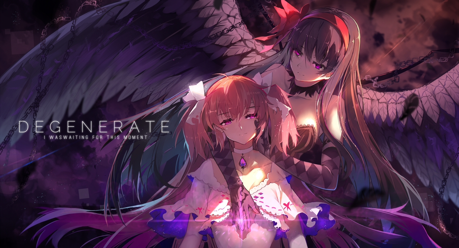 akemi_homura, akuma_homura, angel, chain, clouds, collar, dress, haraguroi_you