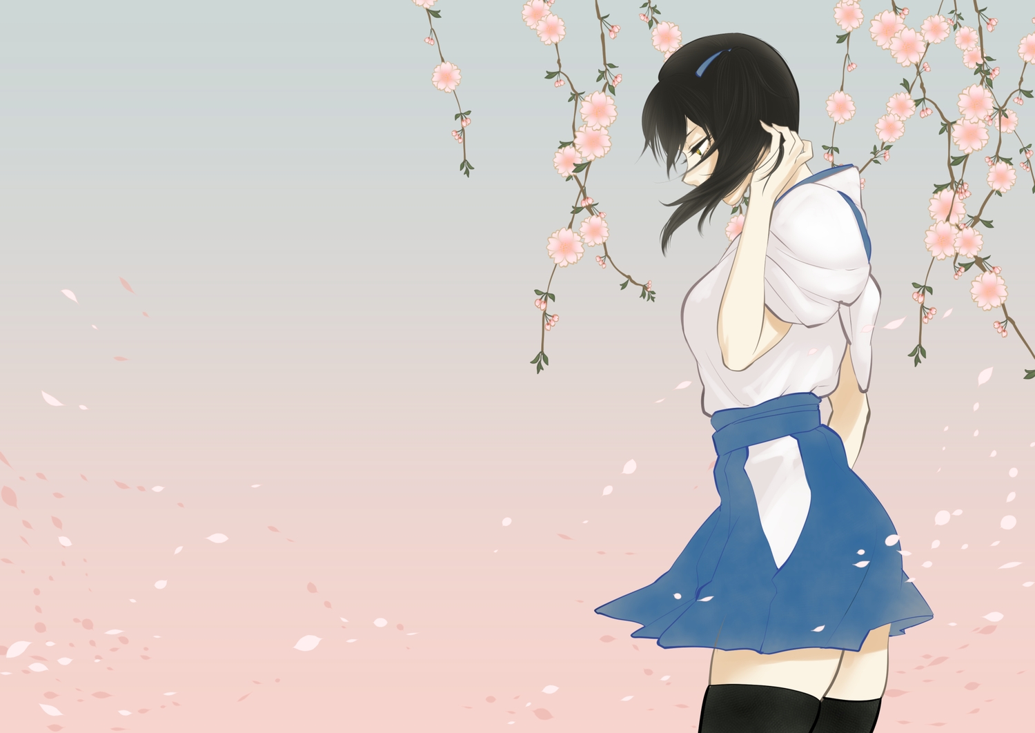 anthropomorphism, black_hair, flowers, gradient, kaga_(kancolle), kantai_collection, petals, shoukaki_(earthean)