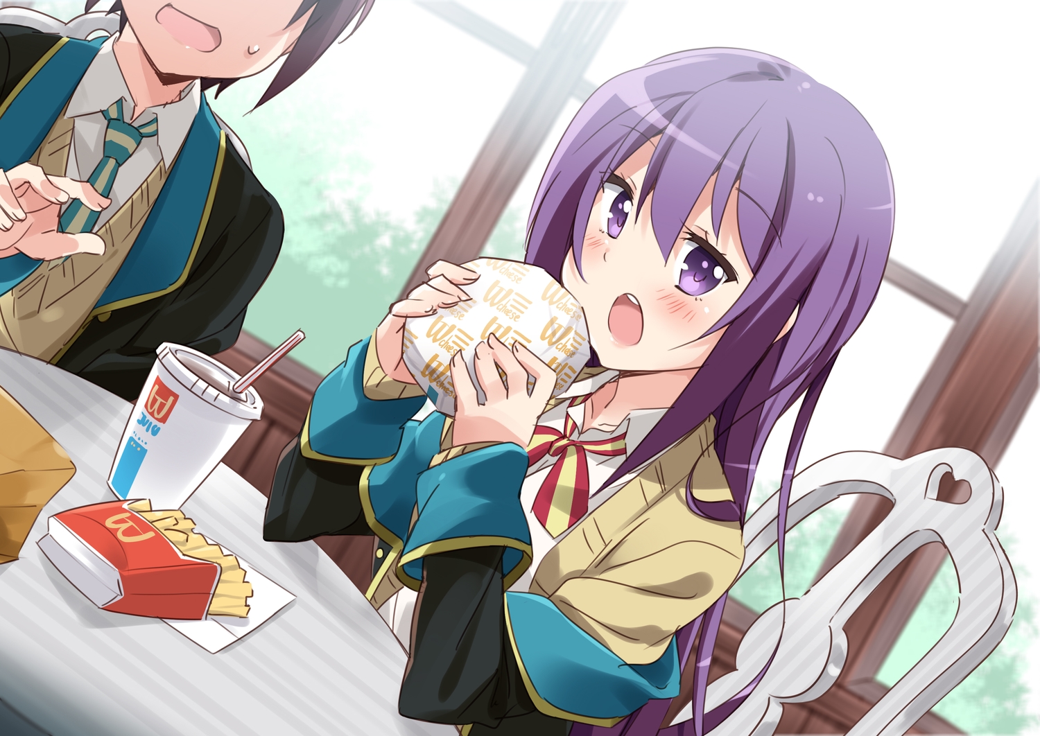 drink, food, gj_bu, long_hair, male, mousou_(mousou_temporary), purple_eyes, purple_hair