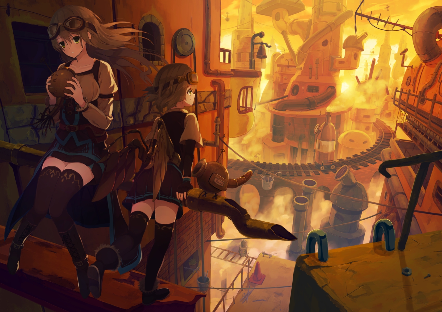 2girls, goggles, industrial, lark, original, thighhighs, wings, zettai_ryouiki