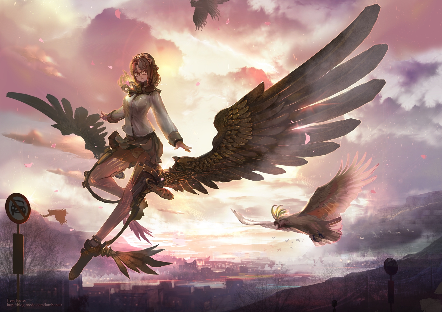 animal, bird, cameltoe, clouds, glasses, len_brew, mecha, mechagirl