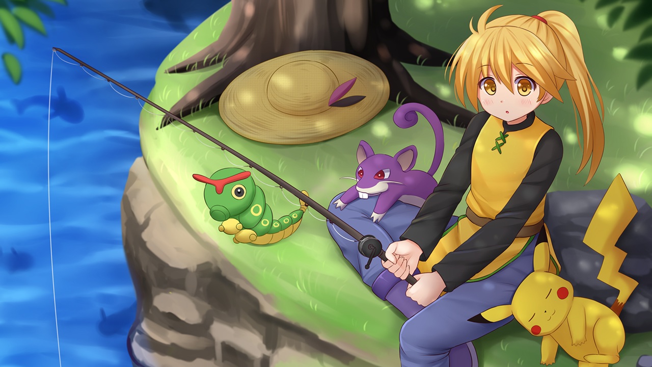 animal, blonde_hair, caterpie, hat, kazenokaze, long_hair, mouse, pikachu