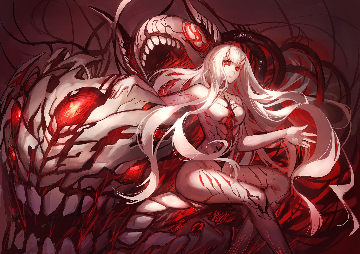 anthropomorphism, blood, central_hime, gods, horns, kantai_collection, long_hair, orange_eyes, polychromatic, red_eyes, white_hair