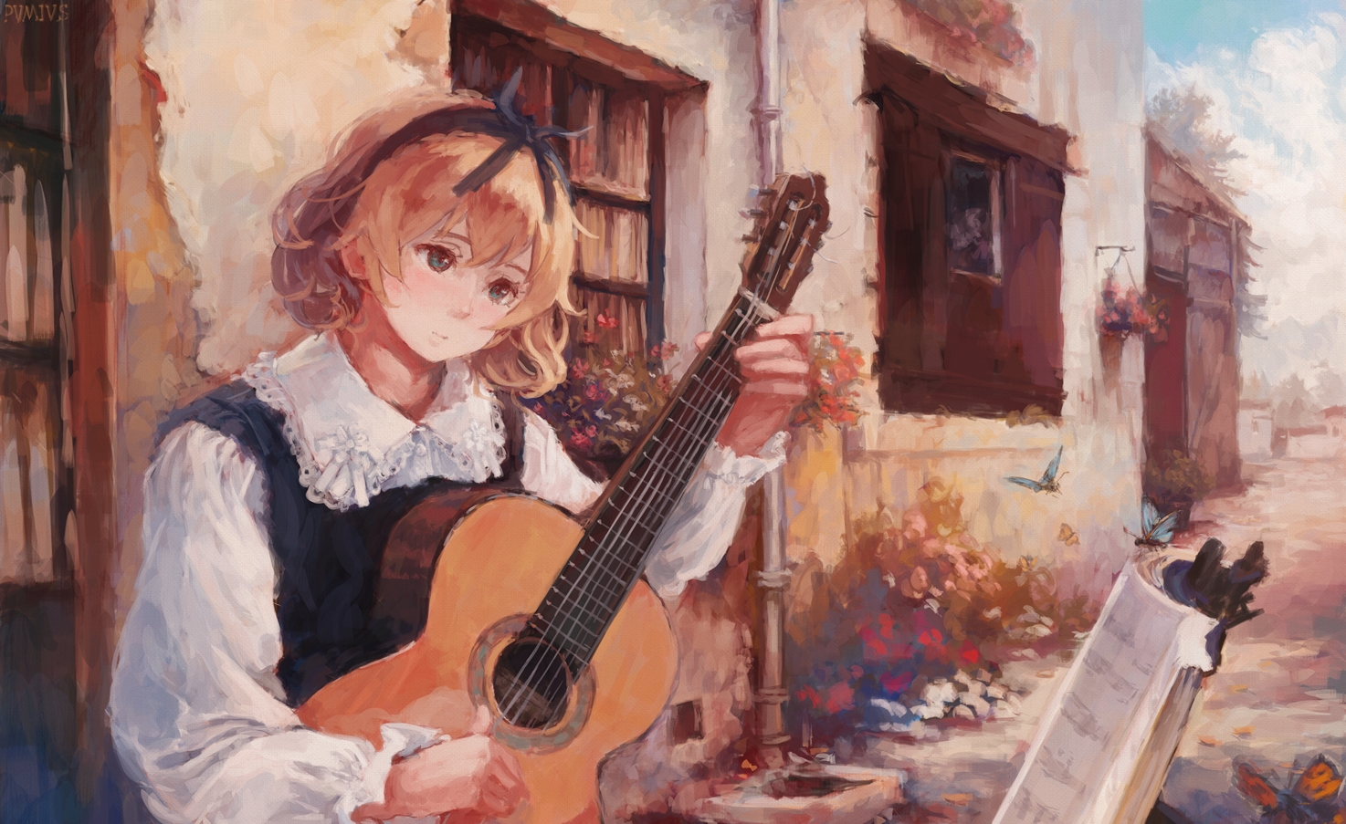 animal, blonde_hair, blue_eyes, butterfly, clouds, guitar, instrument, original