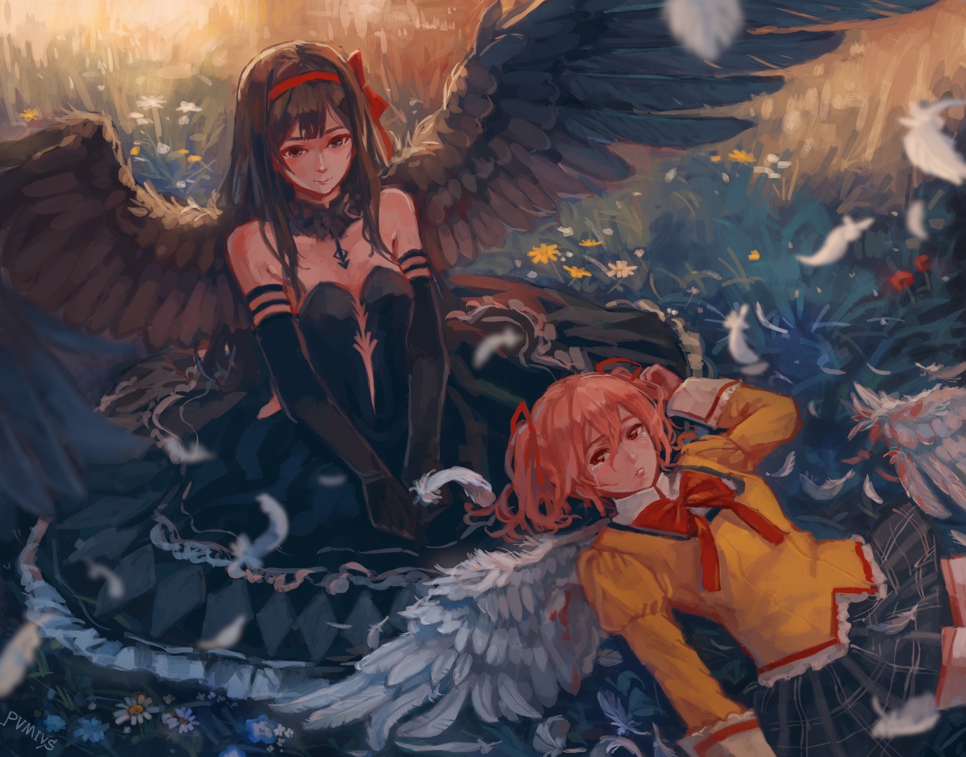 2girls, akemi_homura, akuma_homura, black_eyes, black_hair, dress, feathers, flowers