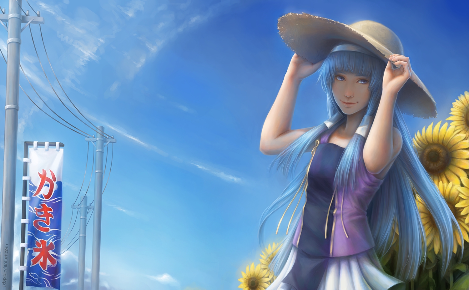 blue_eyes, blue_hair, clouds, flowers, hat, jason_peng, kannagi_crazy_shrine_maidens, long_hair