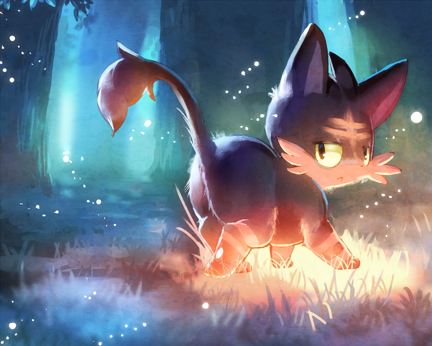 animal, animal_ears, cropped, forest, grass, litten, manino_(mofuritaionaka), no_humans, pokemon, tail, tree, waifu2x