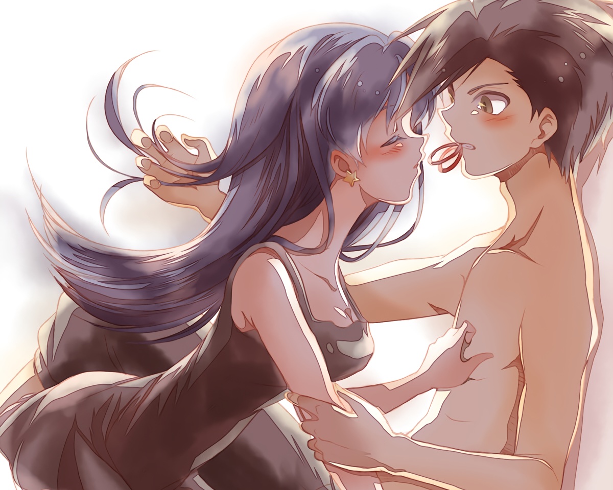 atom_(@tom), blue_hair, blush, breasts, brown_eyes, brown_hair, cleavage, cropped, crystal, dress, gold_(pokemon), long_hair, male, pokemon, short_hair, topless, waifu2x