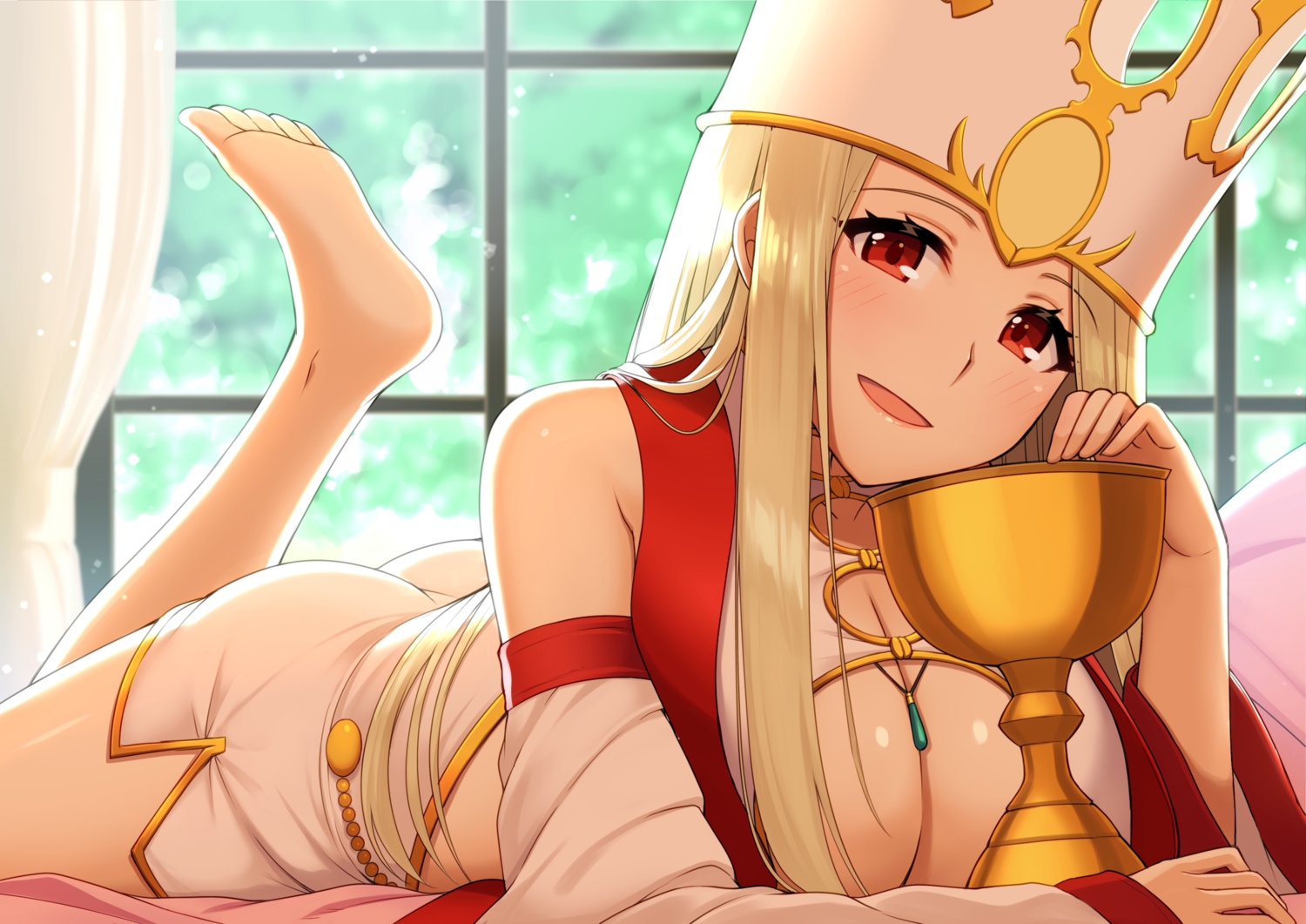 ass, barefoot, blonde_hair, breasts, cleavage, dress, fate/grand_order, fate_(series), fate/stay_night, irisviel_von_einzbern, oyaji_kusa, red_eyes